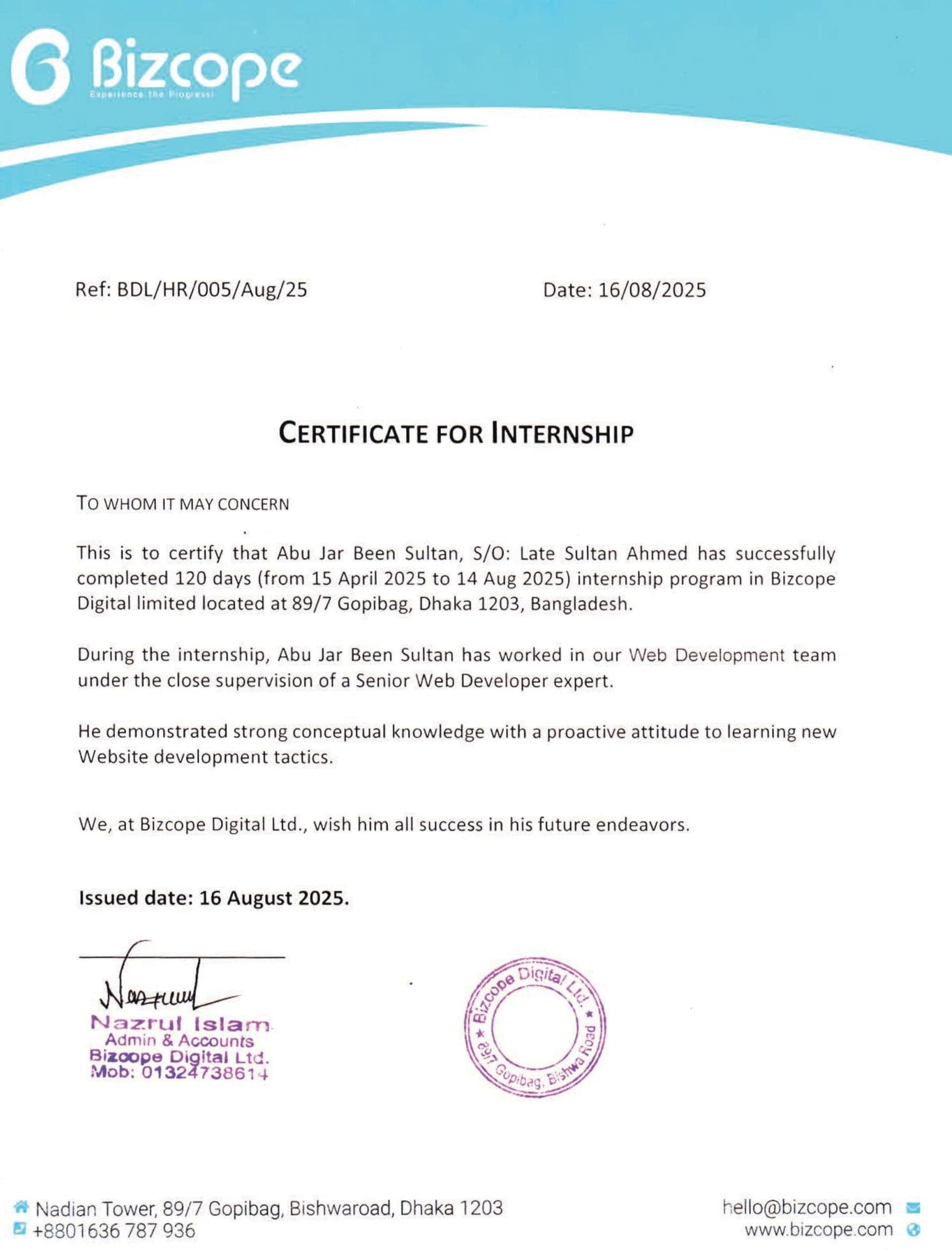 Certificate for internship | Abu Jar
